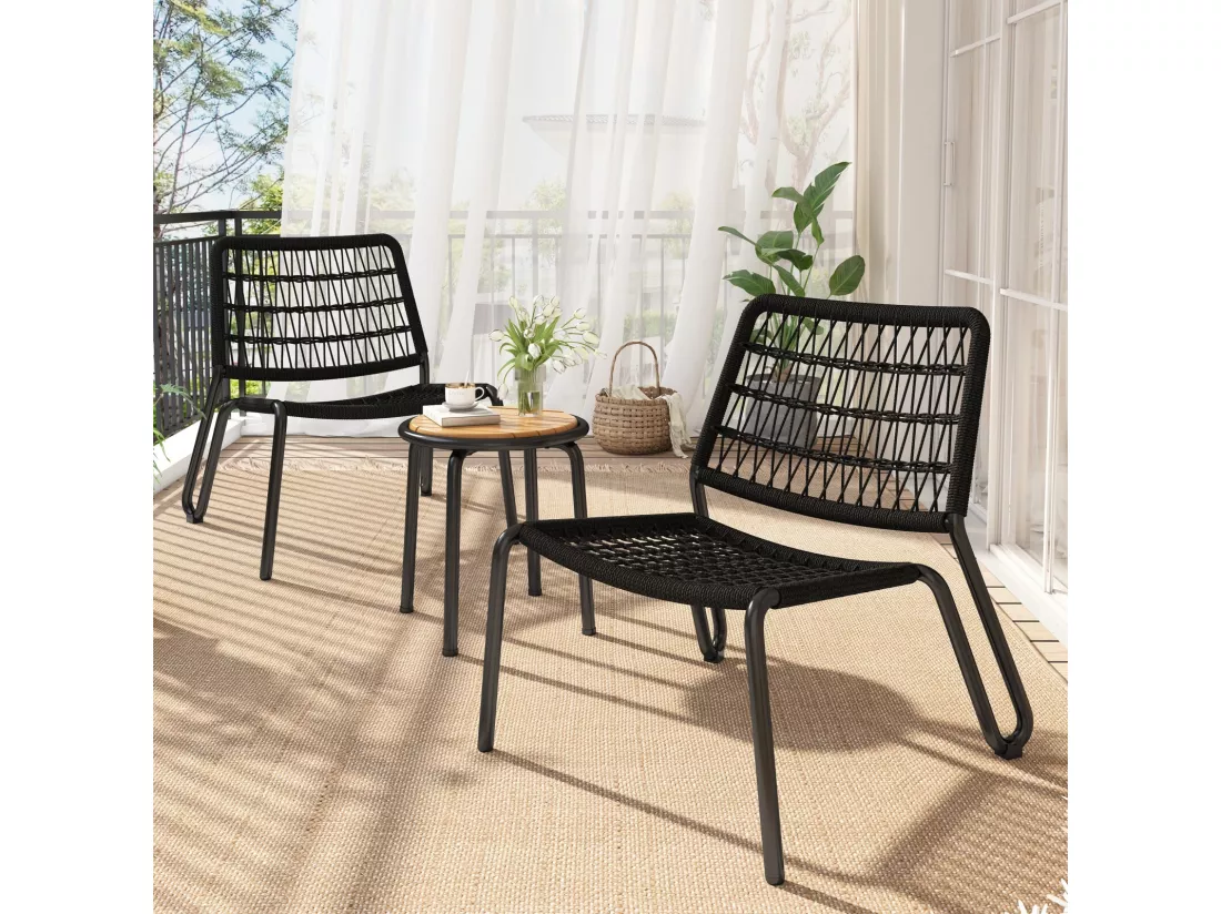 Lot de 3 salon de jardin en acier galvanisé - 2 fauteuils ergonomique et une table d'appoint ronde - charge max 160kg - Noir