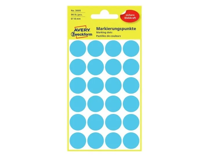 Etiket Avery blå Ø18 mm - (4 ark x 24 stk.)