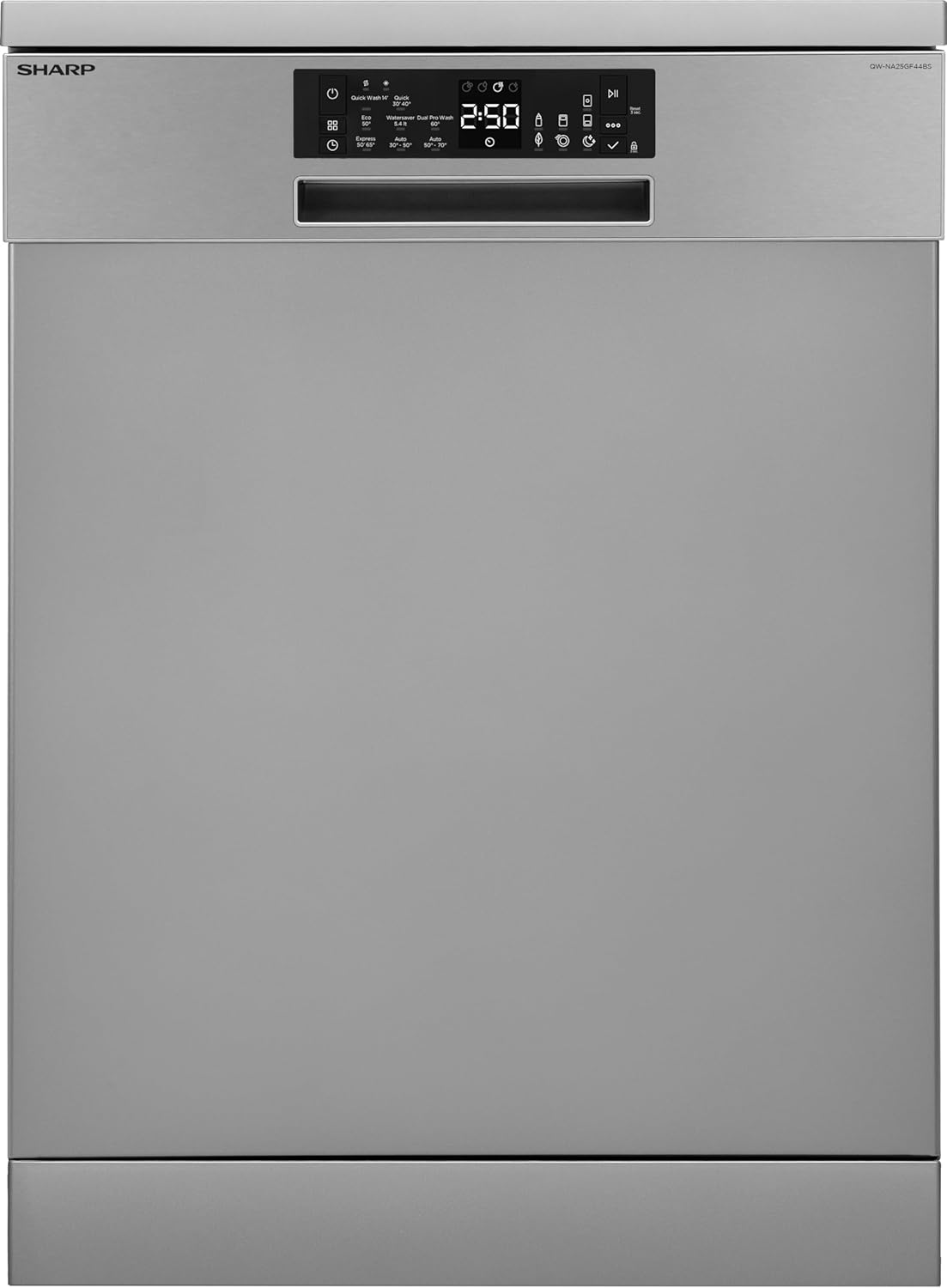 Sharp QW-NA25GF44BS-DE Freistehender Geschirrspüler 60cm / B / 14 Maßgedecke mit Besteckschublade / 8 Programme mit Automatikprogrammen/Halbe Beladung/Startzeitvorwahl/AquaStop/Silber