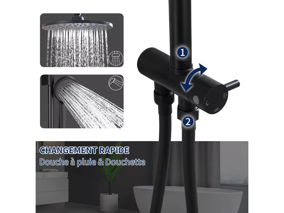 Colonne de Douche sans Robinetterie Réglable Colonne Douche pour Baignoire Ensemble Douche Murale Douchette Douche Pommeau de Douche, Noir