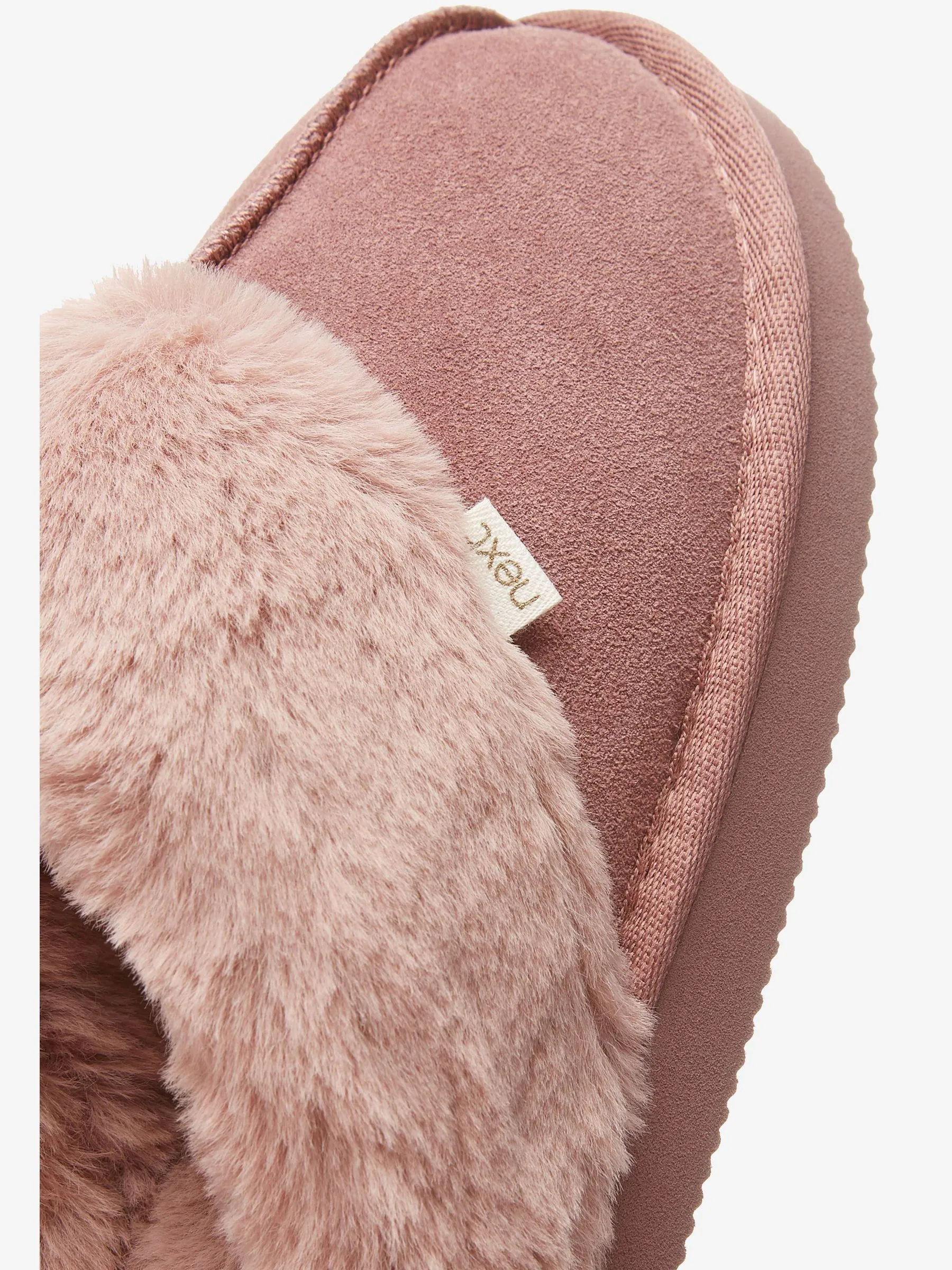 Mink roze - Met imitatiebont gevoerde suède pantoffelmuiltjes