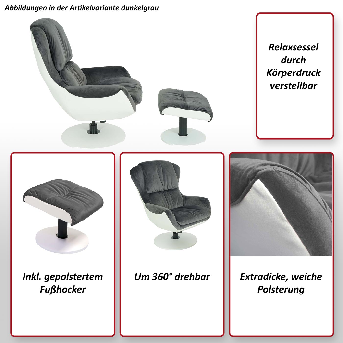 Relaxsessel MCW-E52, Fernsehsessel TV-Sessel Hocker, Samt ~ dunkelgrau