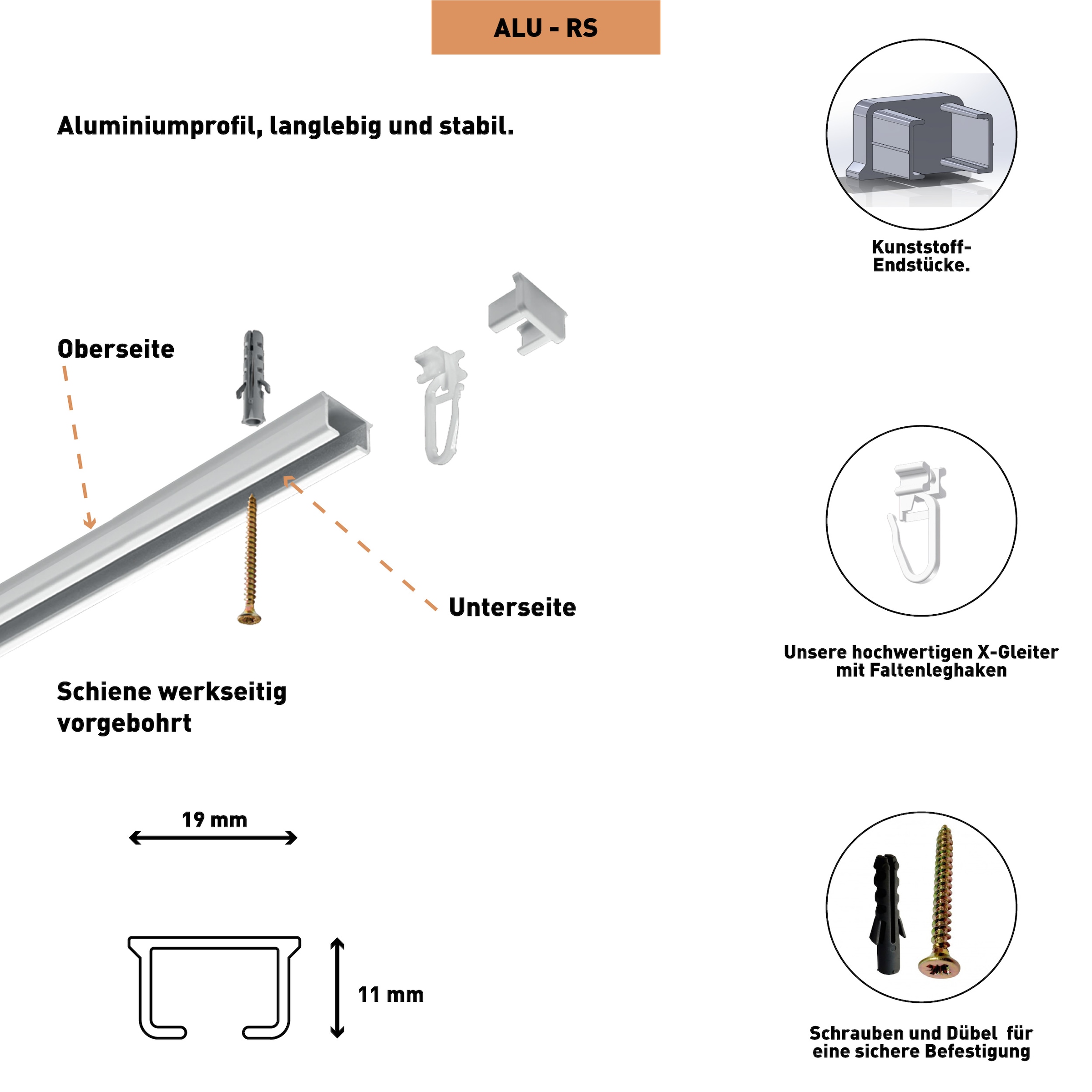 SN DECO GROUP Gardinenschiene »Objektschiene RS« 1 läufig-läufig Fixmass vorgebohrt, Aluminium, Innenlauf, Vorhangschiene