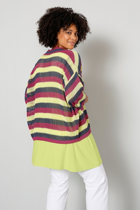 Strickjacke, oversized, Rippstrick, Streifen, offene Form, 3/4-Ärmel
