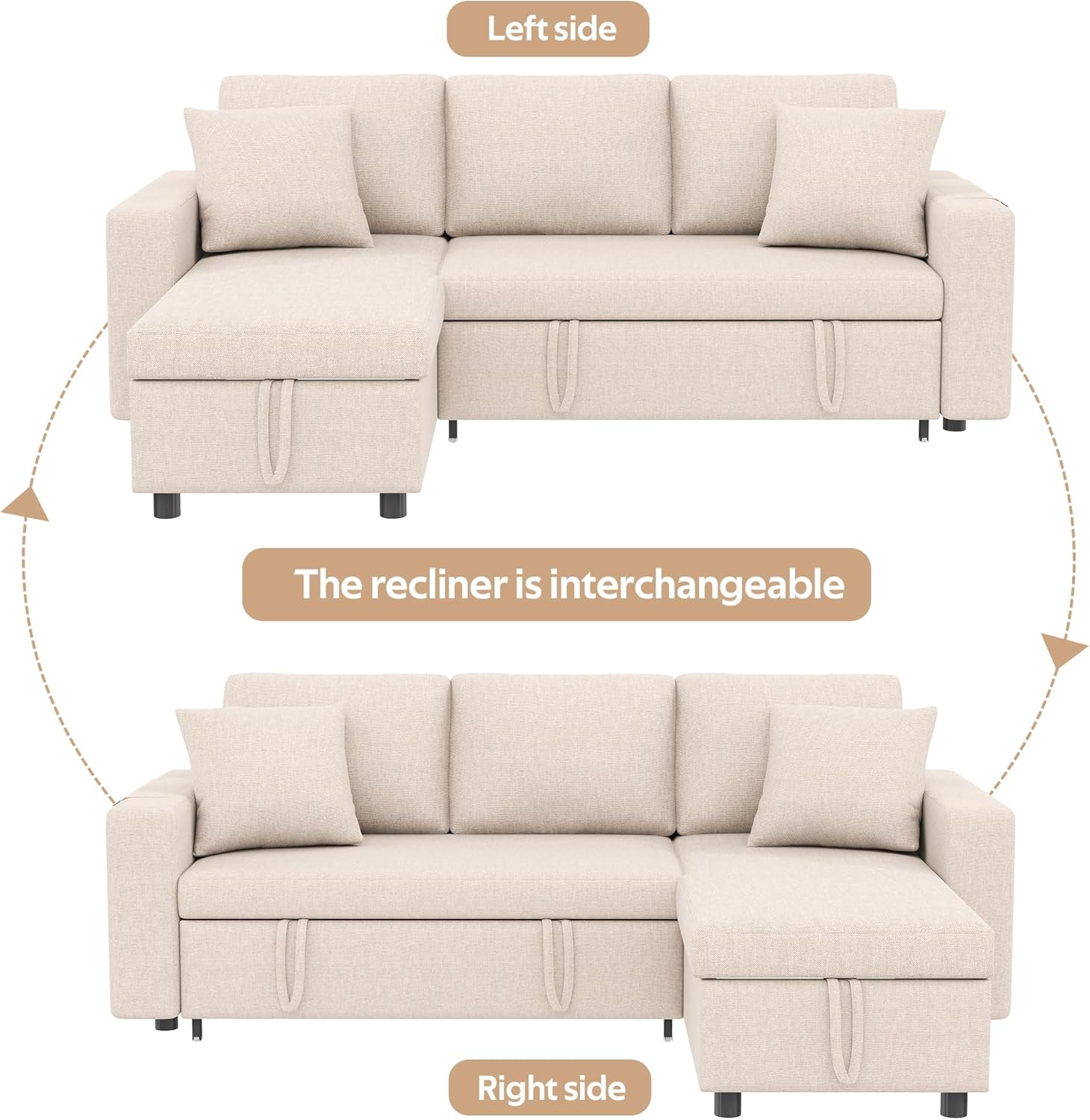 Schlafsofa mit Schlaffunktion, L-förmiges Sofa, Sofa-Chaiselongue mit Stauraum, mit Taschenaufbewahrung, Wohnzimmer-Schlafsofa, Links und rechts austauschbare Chaiselongue
