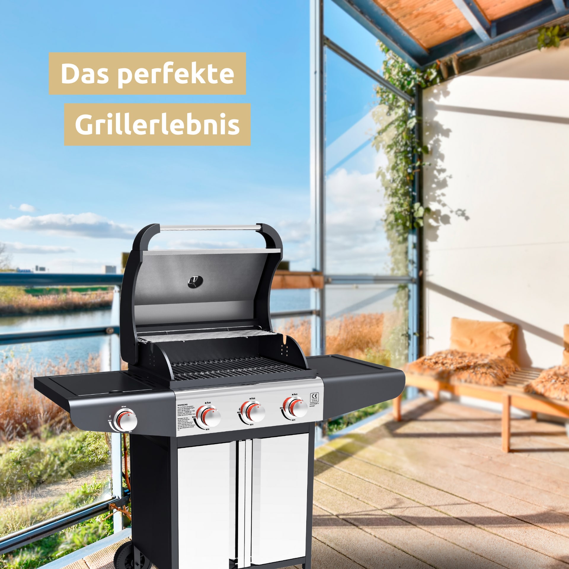 deluxe4home Gasgrill GRILLWAGEN XXL 131 x 54 cm silberfarbig /schwarz