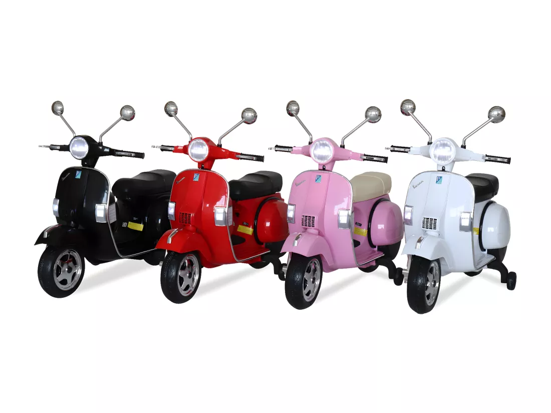 Vespa rouge PX150. scooter électrique pour enfants 12V 4.5Ah. 1 place avec autoradio