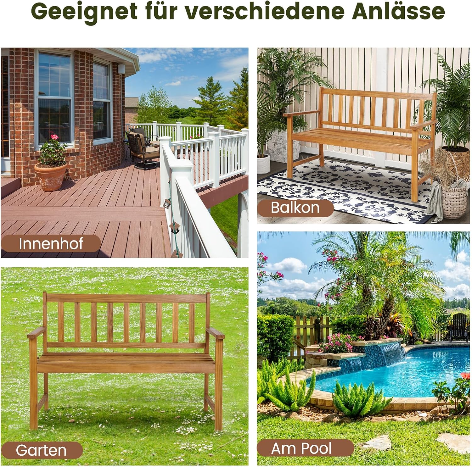 COSTWAY Gartenbank Holz, Holzbank wetterfest, 2-Sitzer Sitzbank aus Akazienholz, Balkonbank bis 360 kg belastbar, Terrassenbank, Parkbank für Terrasse, Balkon, Garten