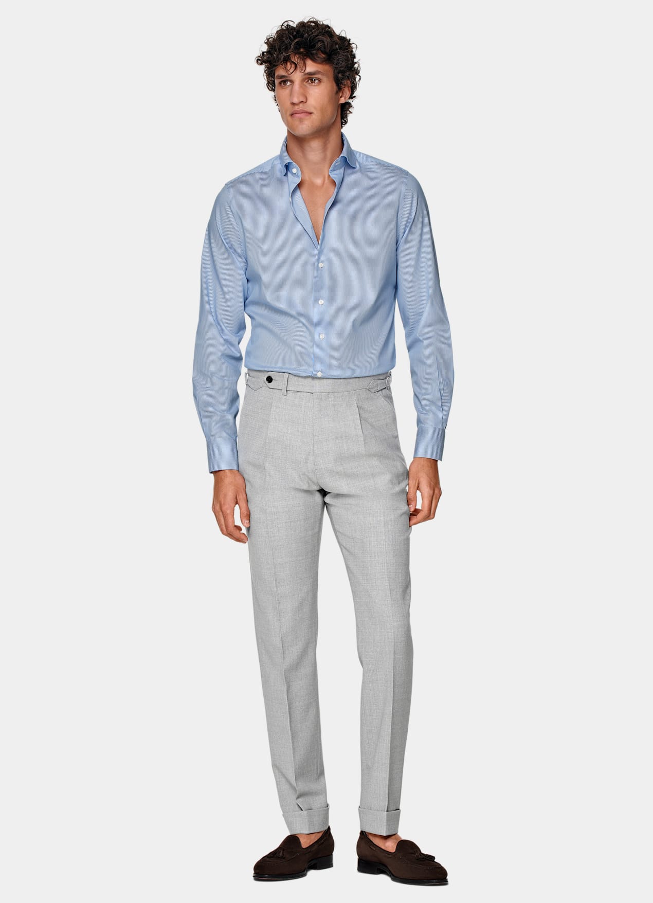 Chemise coupe très ajustée en twill bleu moyen à rayures