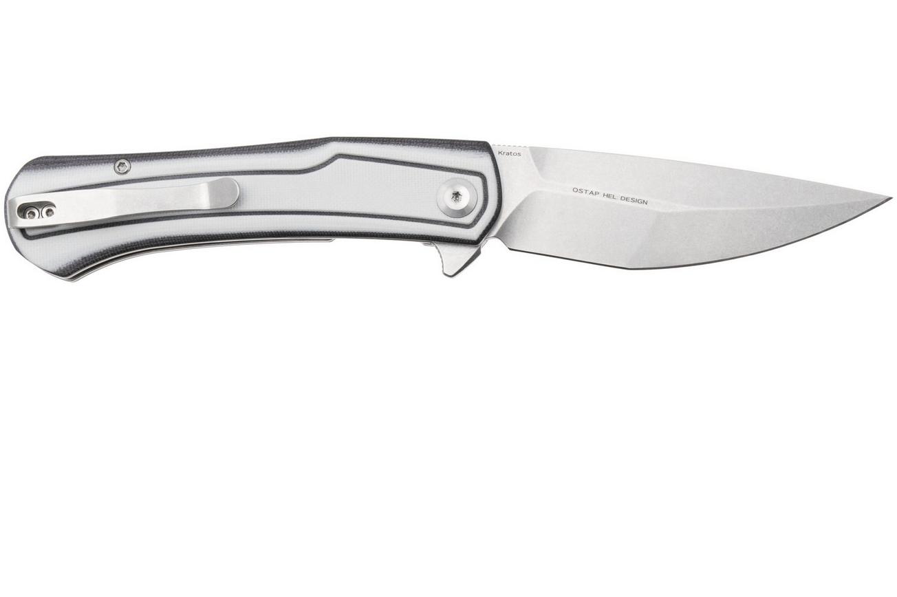 Tenable Knives Kratos T1024A5 Stonewashed Nitro-V, White Black G10, zakmes, Ostap Hel design