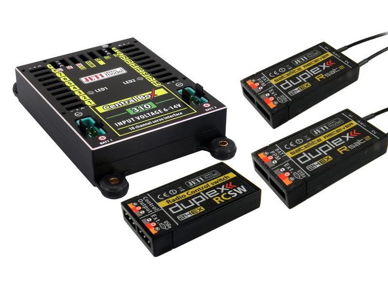 Jeti Akkuweiche Central Box 310 mit 2x Rsat2 und RCSW Umfassendes Management mehrerer Servos in einem Modell mit hohen Sicherheitsansprüchen
