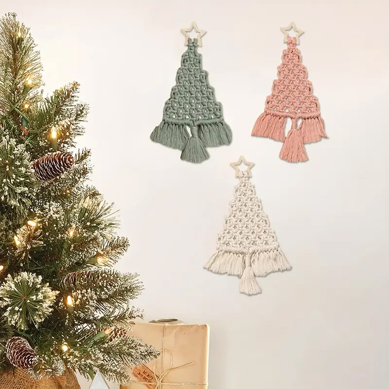 (6-tlg. Set) DIY Makramee Weihnachtsbaum Anhänger Boho Deko Bastel Zubehör inkl. Holz Stern - Lachs / Grün / Weiss