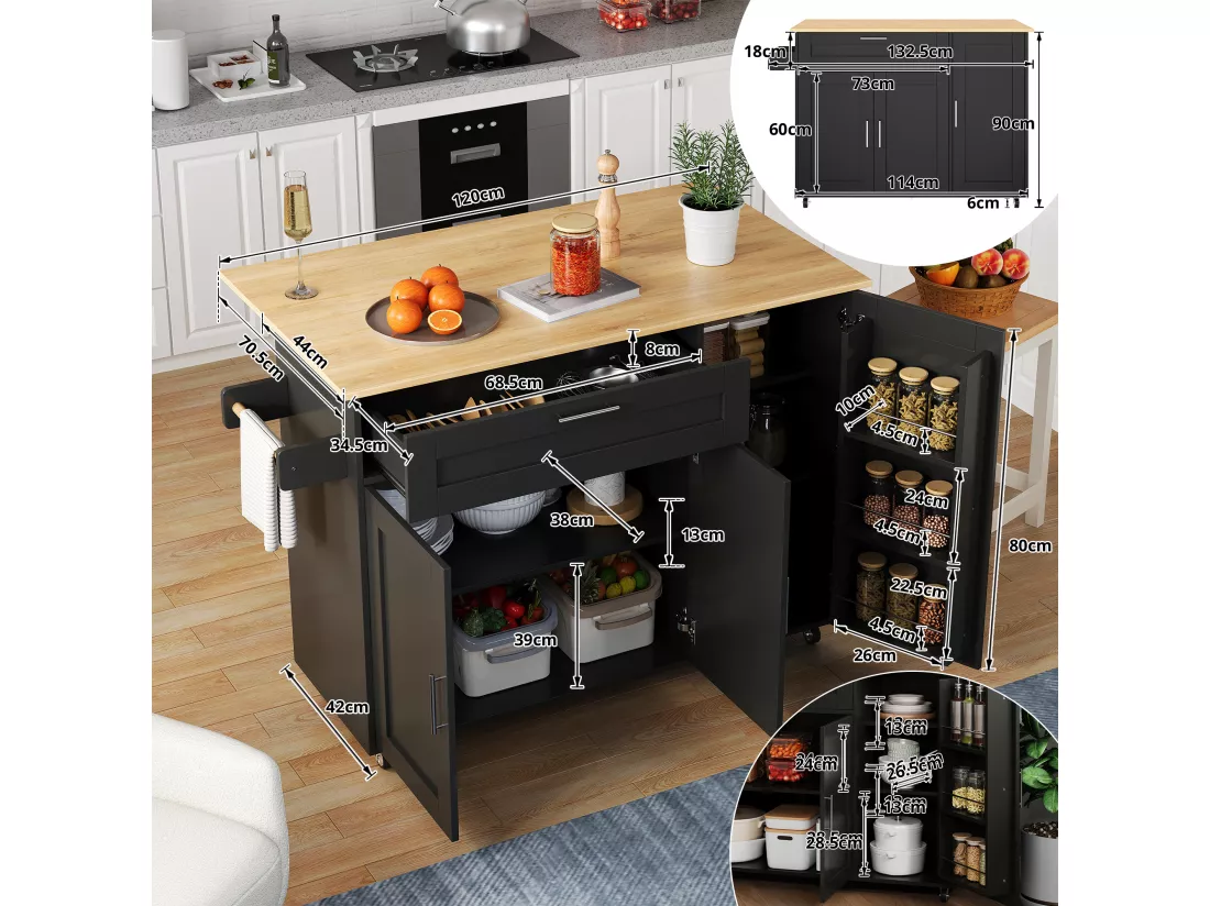Ilot central de cuisine mobile avec 3 portes et 1 tiroir - Plateau extensible - 132.5x44(70)x90 cm - Bois MDF - Noir et naturel