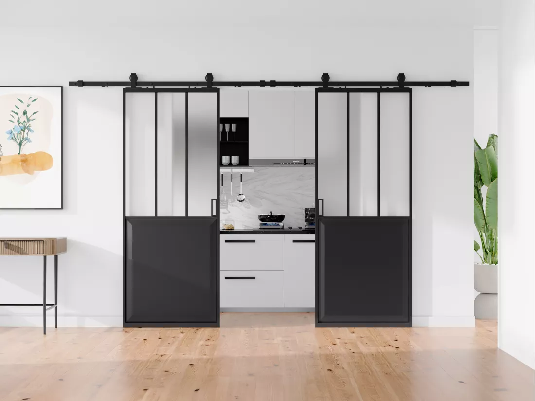 Porte coulissante double atelier avec système en applique - Noir et verre trempé dépoli - 2 x H205 x L73 cm - ARTISTO II