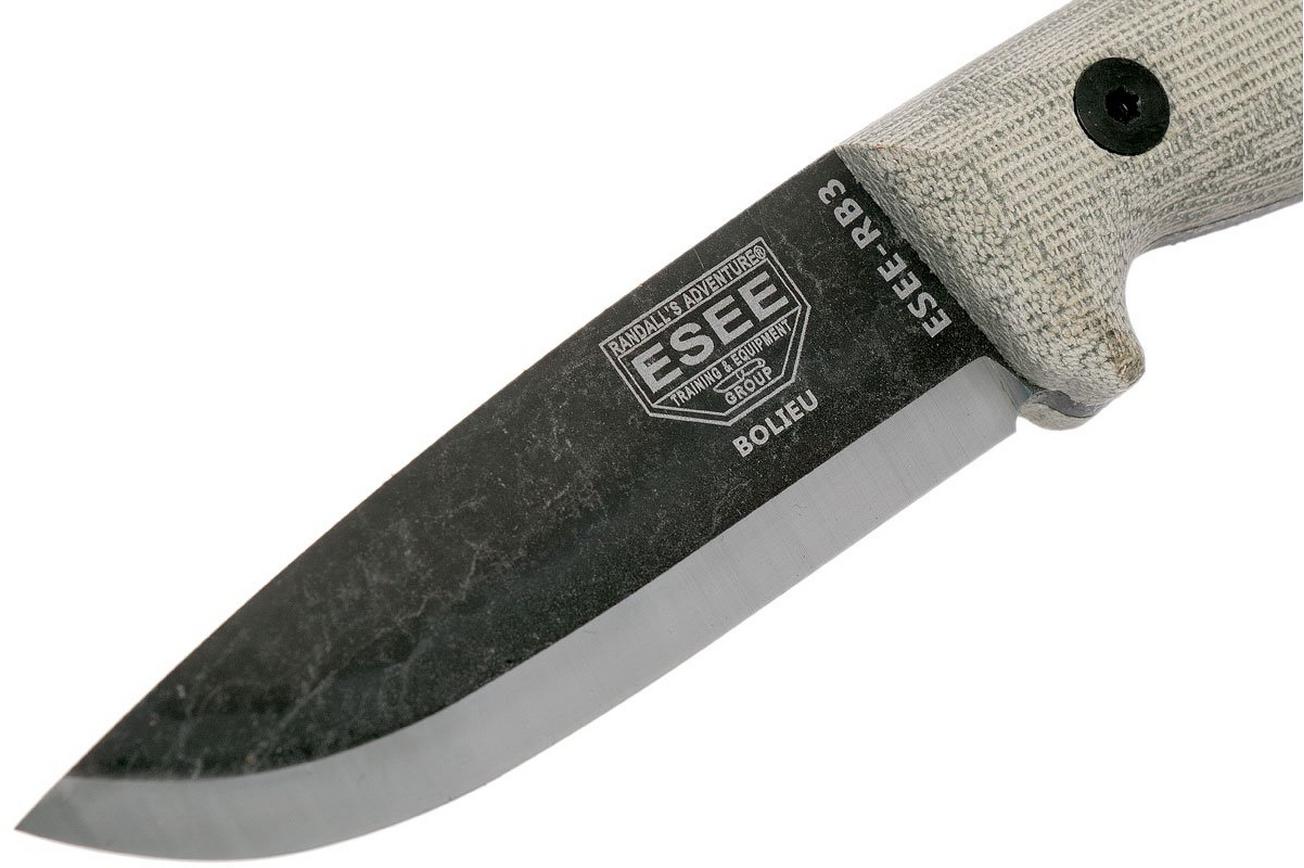ESEE RB3 Bolieu Camp-Lore, scandi grind, lederen schede, Reuben Bolieu design