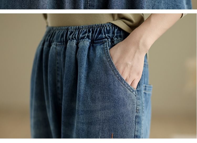 Lewwe - Elastische taille met visborduursel en gewassen cropped baggy jeans