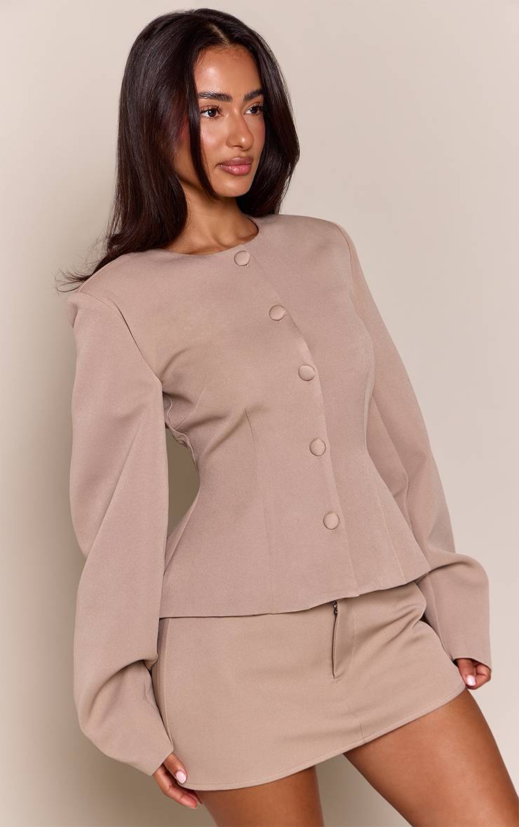 Gris Pierre Blazer Petite Tissé À Taille Cintrée Et Manches Cocon Avec Boutons