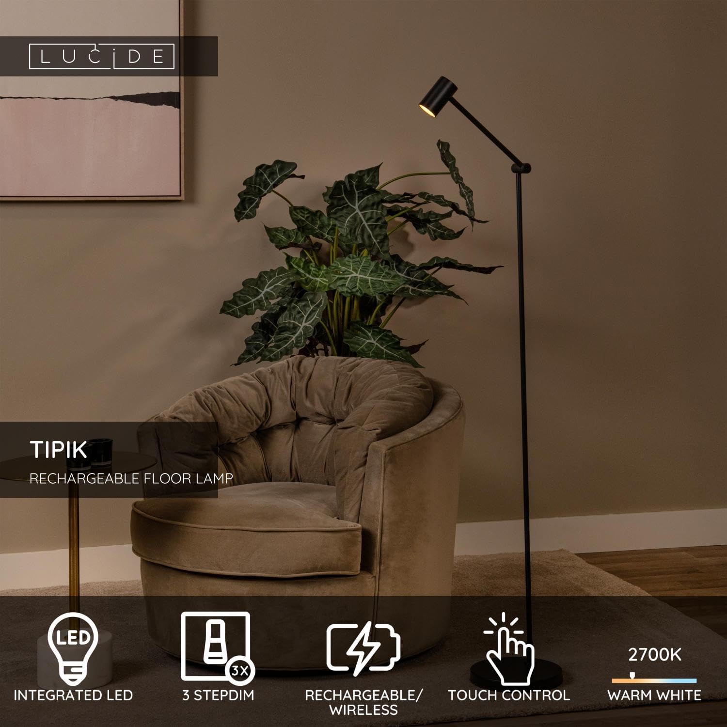 LUCIDE TIPIK - wiederaufladbare Stehlampe - Akku/Batterie - LED 3 StepDim - 1x3W 2700K - Schwarz