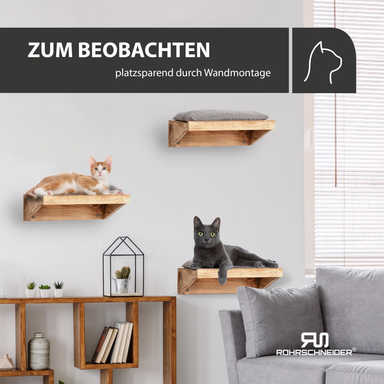 Rohrschneider ® 3-er Set Katzen Kletterstufe mit Kissen, Kletterwand mit Gratis-Spielballset