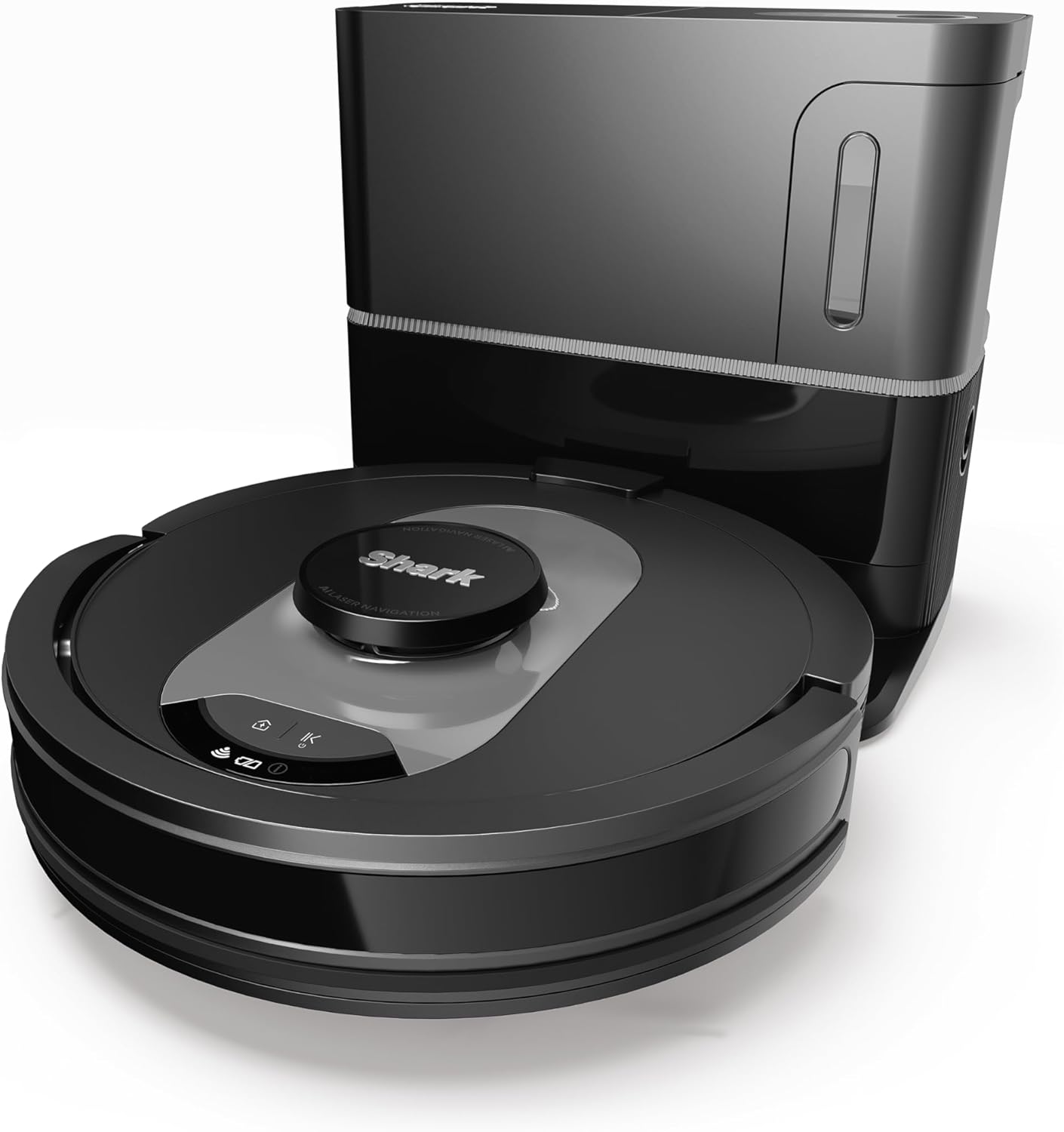 Shark AI 360 Saugroboter, selbstentleerender Staubsauger-Roboter, geeignet für alle Teppiche und Hartböden, Roboterstaubsauger, 120 Min Laufzeit, manuelle und App-Steuerung, Schwarz/Silber, RV2500SEU