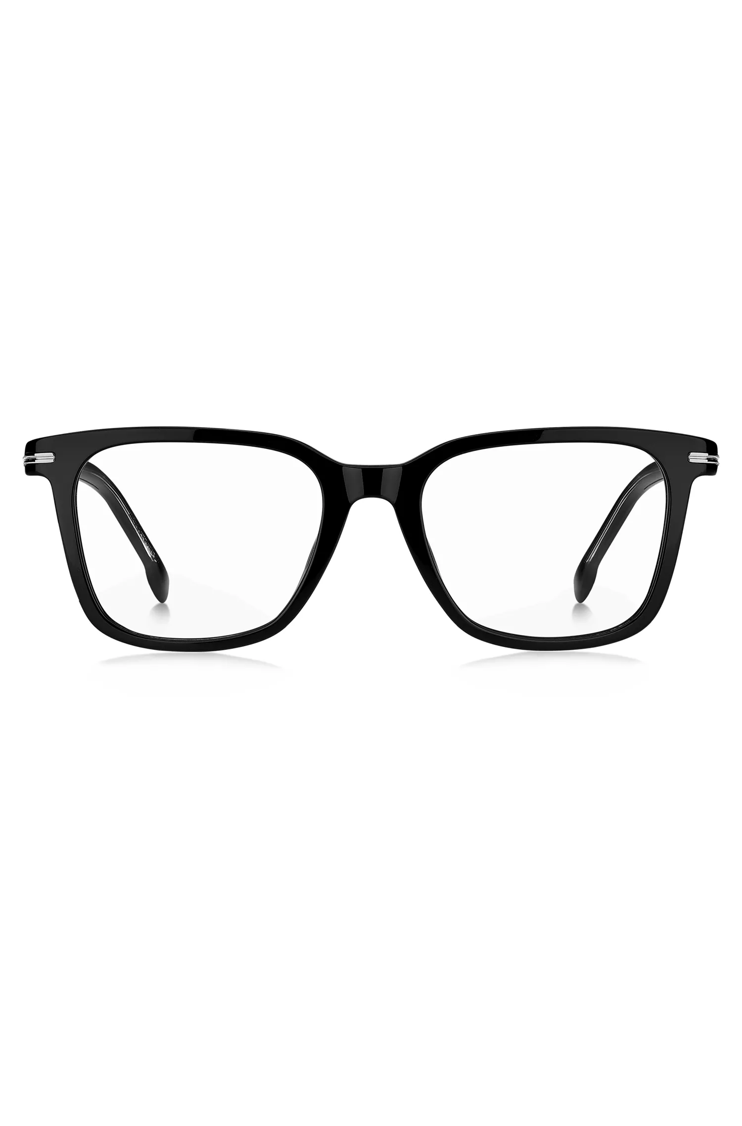 Armação de óculos BOSS em acetato preto com detalhes prateados exclusivos.