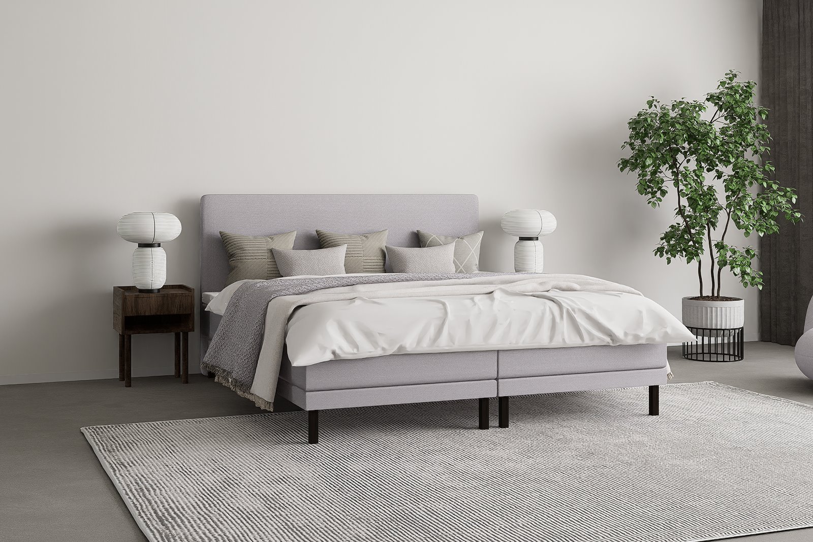 XOV Komfort 5 regulerbar seng 160x200 cm Tekstil Primo 84 lys grå, Komfort 5 overmadrass og sorte firkantede ben, gavl selges separate.