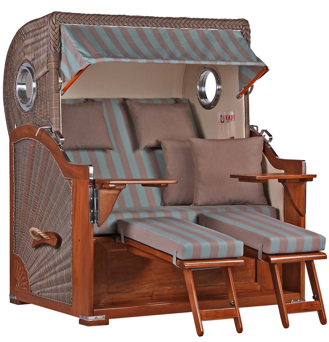Westerland strandstoel, mahonie, patrijspoort, PE grijs, design 520