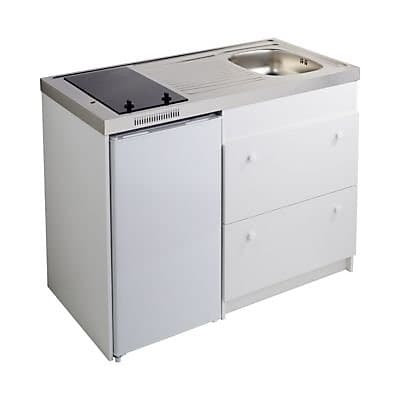 Kitchenette Silver blanche, casserolier + plan de travail + évier + frigo + plaque vitrocéramique
