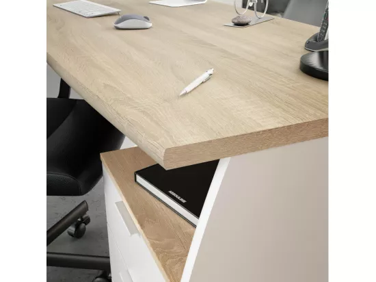 Bureau avec Caisson de 3 Tiroirs Blanc et Plateau Aspect Bois - L136 cm