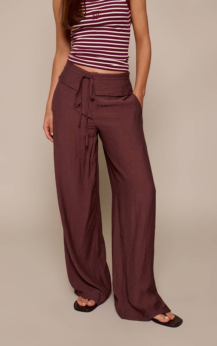 Chocolat Pantalon Droit À Taille Pliée En Tissu Tissé À Rayures