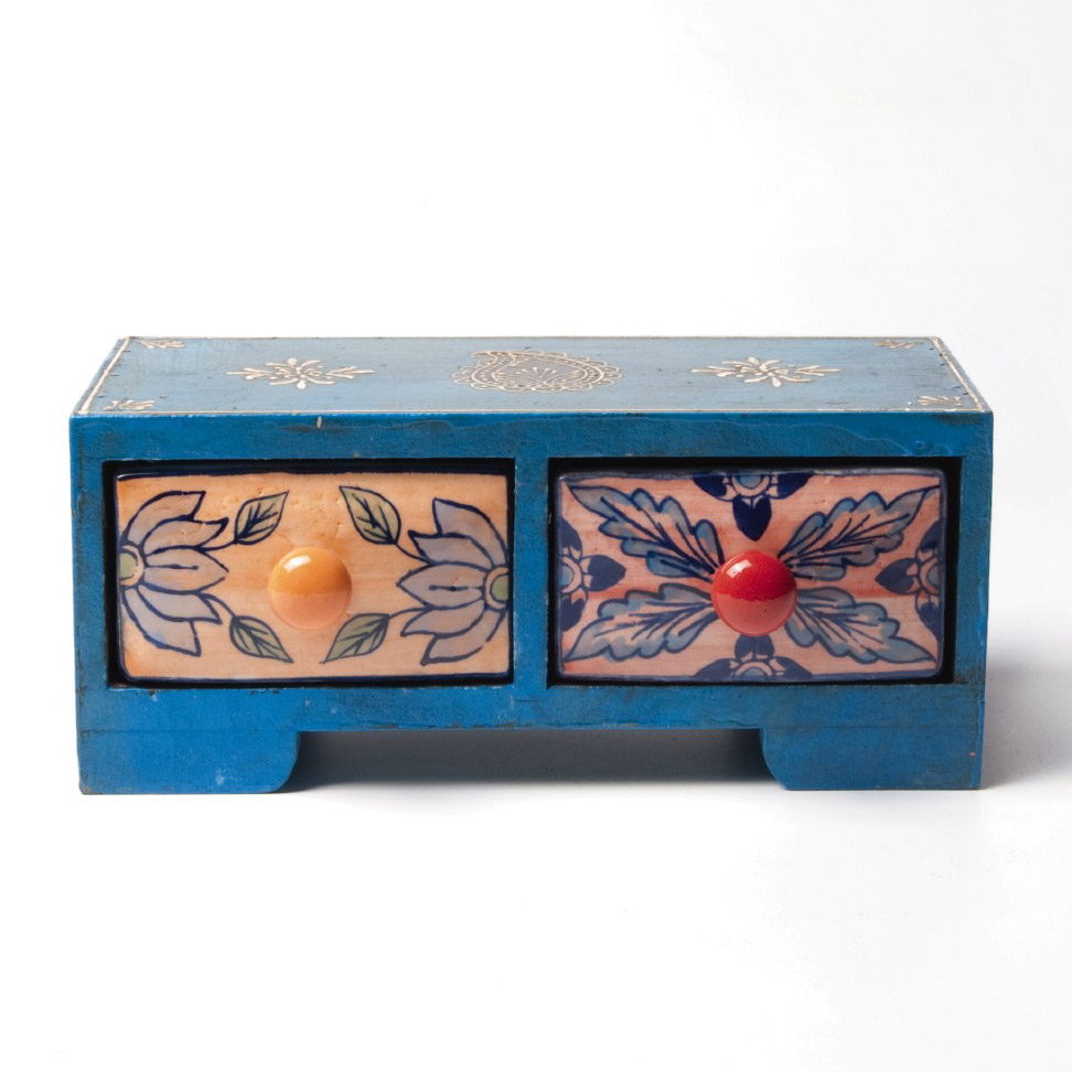 Schubladentruhe mit 2 Schubladen, blau, L 11 cm, B 23,5 cm, H 10 cm von fischer's lagerhaus