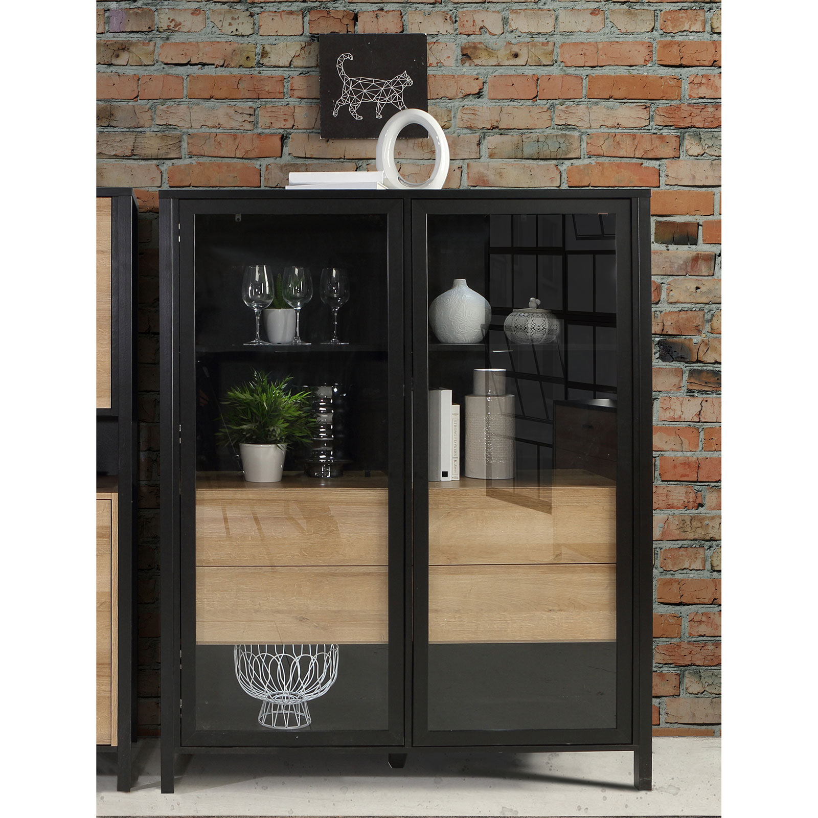 Highboardvitrine - Riveria Eiche - schwarz - mit 2 Glastüren