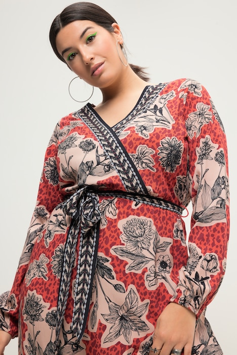 Maxikleid, A-Line, Flowerprint, V-Ausschnitt, Langarm