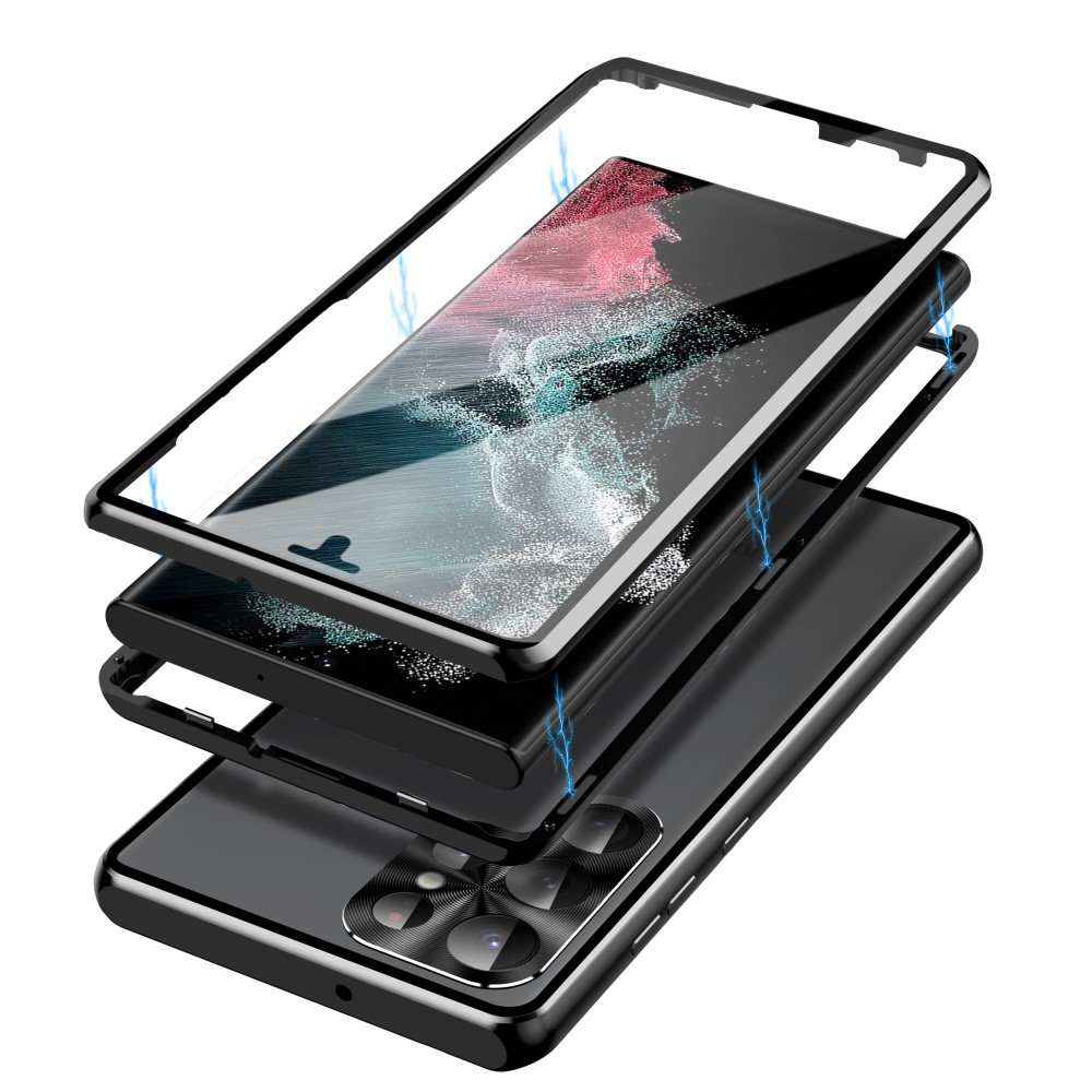 Samsung Galaxy S23 Ultra 5G Magnetische Alu Schutzhülle mit Panzer Glas Backcover   Display- / Kameraglasschutz (Verschlussmechanismus) - Schwarz