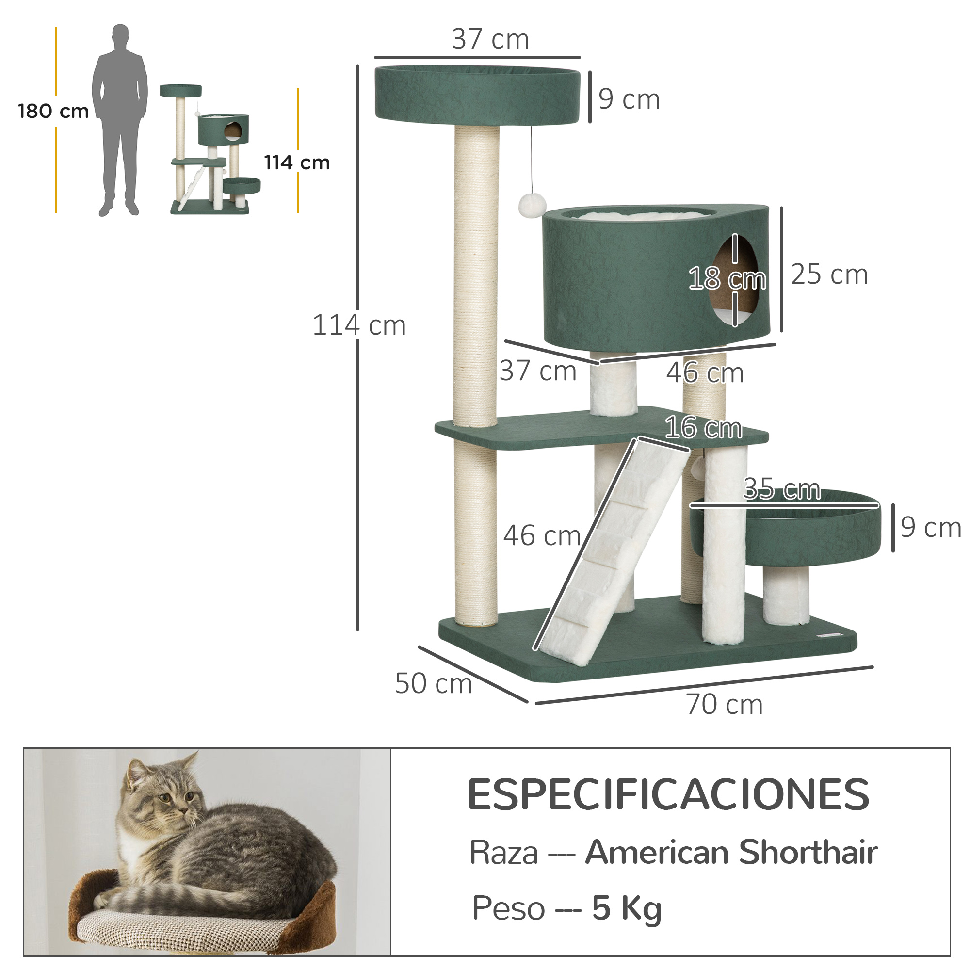 Arranhador para Gatos PawHut, 114 cm de altura, Torre para Gatos com 2 Camas, Caverna, Rede, Plataforma, Escada, Bolas Penduradas e Postes de Sisal, 70x50x114 cm, Verde