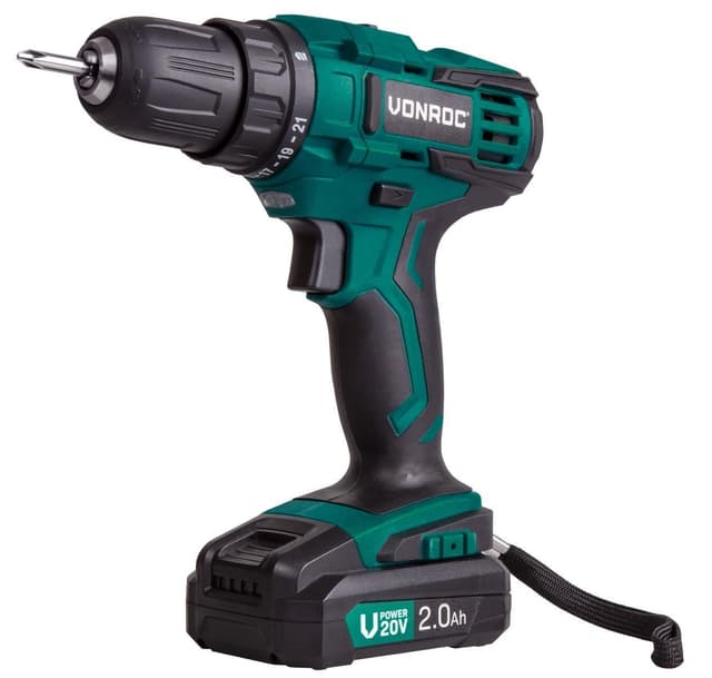 VONROC Bore-/skruemaskine 20V – 40Nm | 2 Gear & 21 Momentindstillinger | Inkl. 2.0Ah akku og oplader