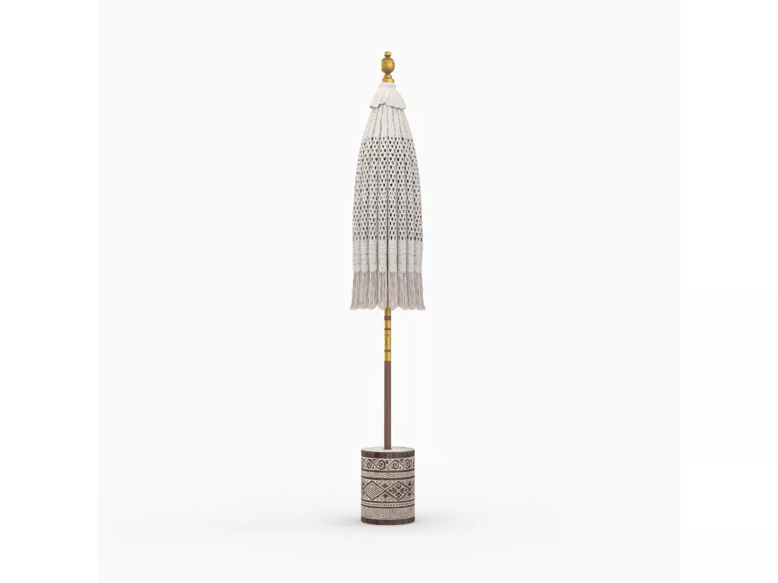 Ensemble parasol en macramé et pied de parasol en bois de suar - Fakélé