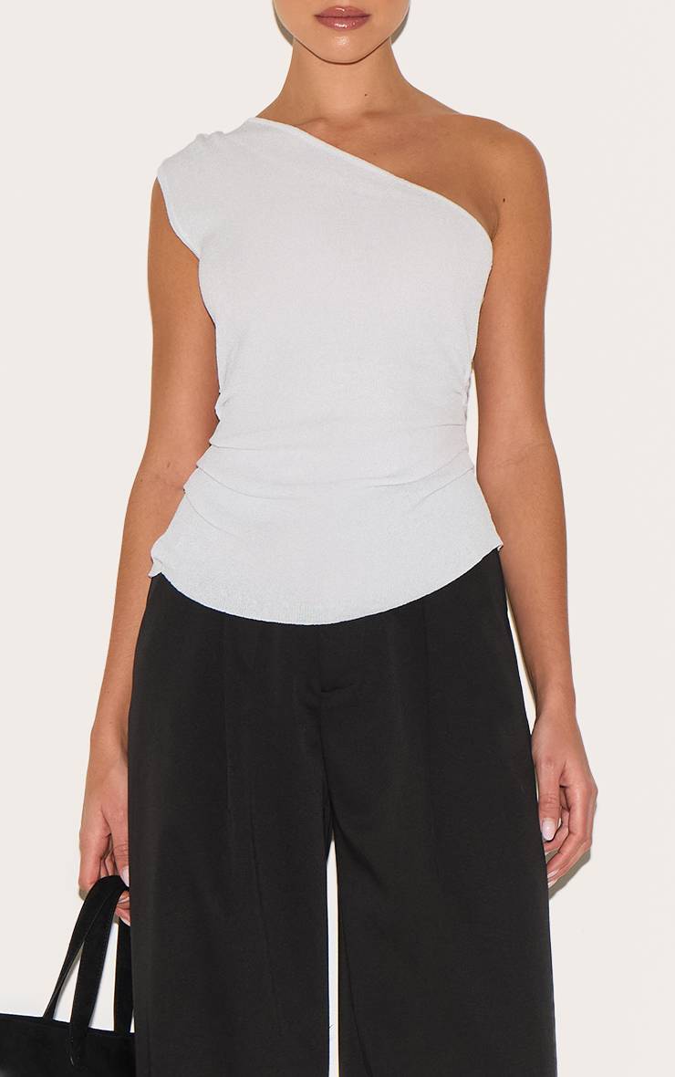 Blanc Haut En Maille Fine Asymétrique Avec Côté Froncé