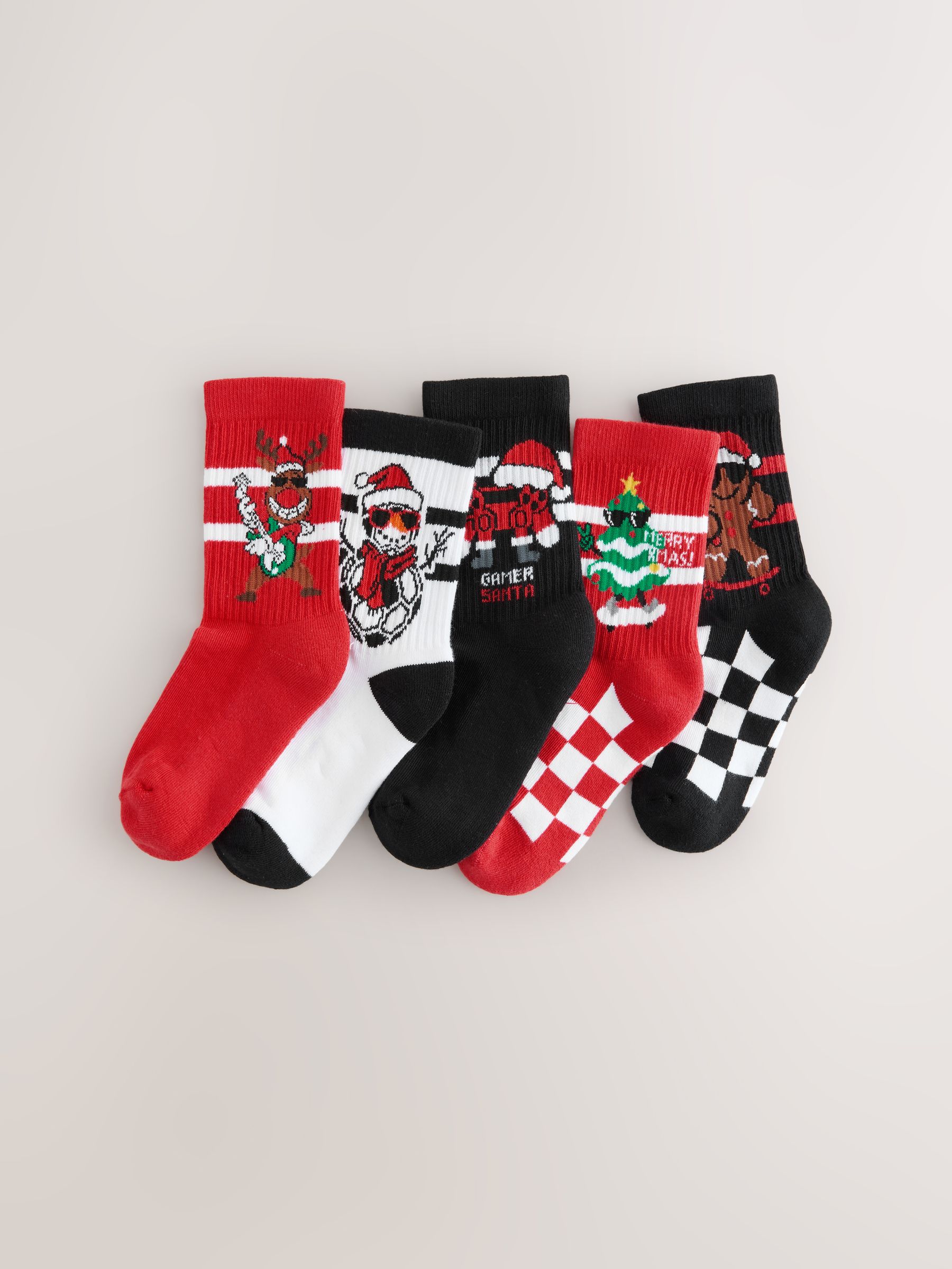 Rood/zwart - Kerstsokken met hoog aandeel katoen, verpakking van 5