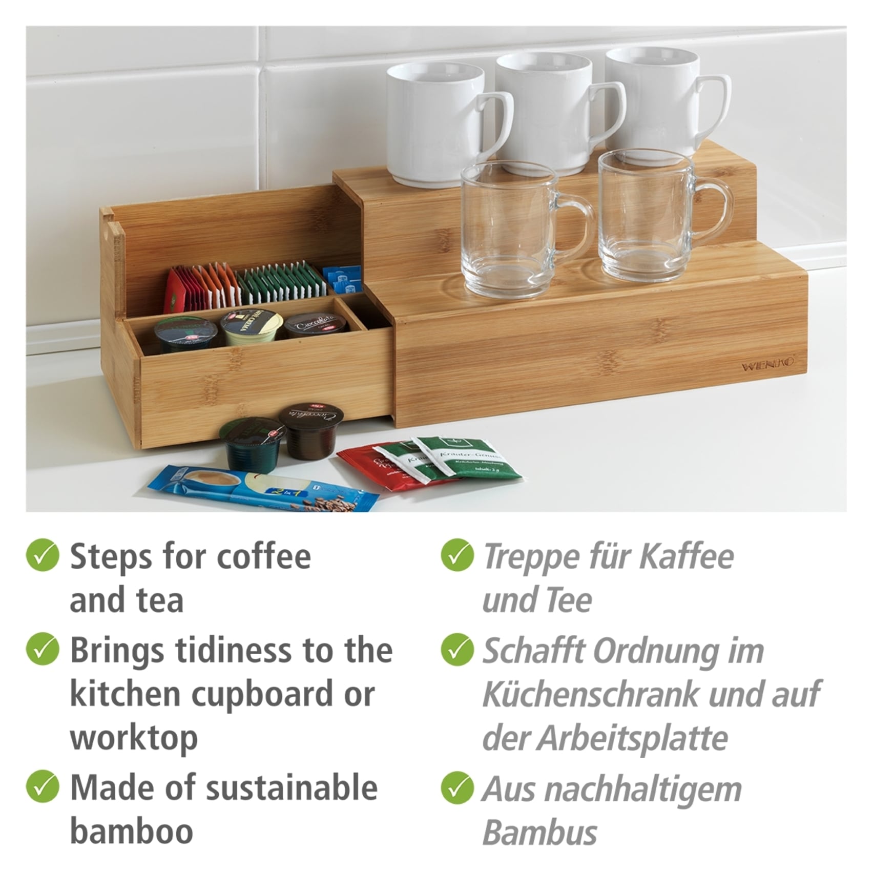 WENKO Aufbewahrungssystem »Bambus Treppe« 1 Stk. tlg. Küchenregal mit 2 Stufen und Schublade, ideal für die Arbeitsplatte