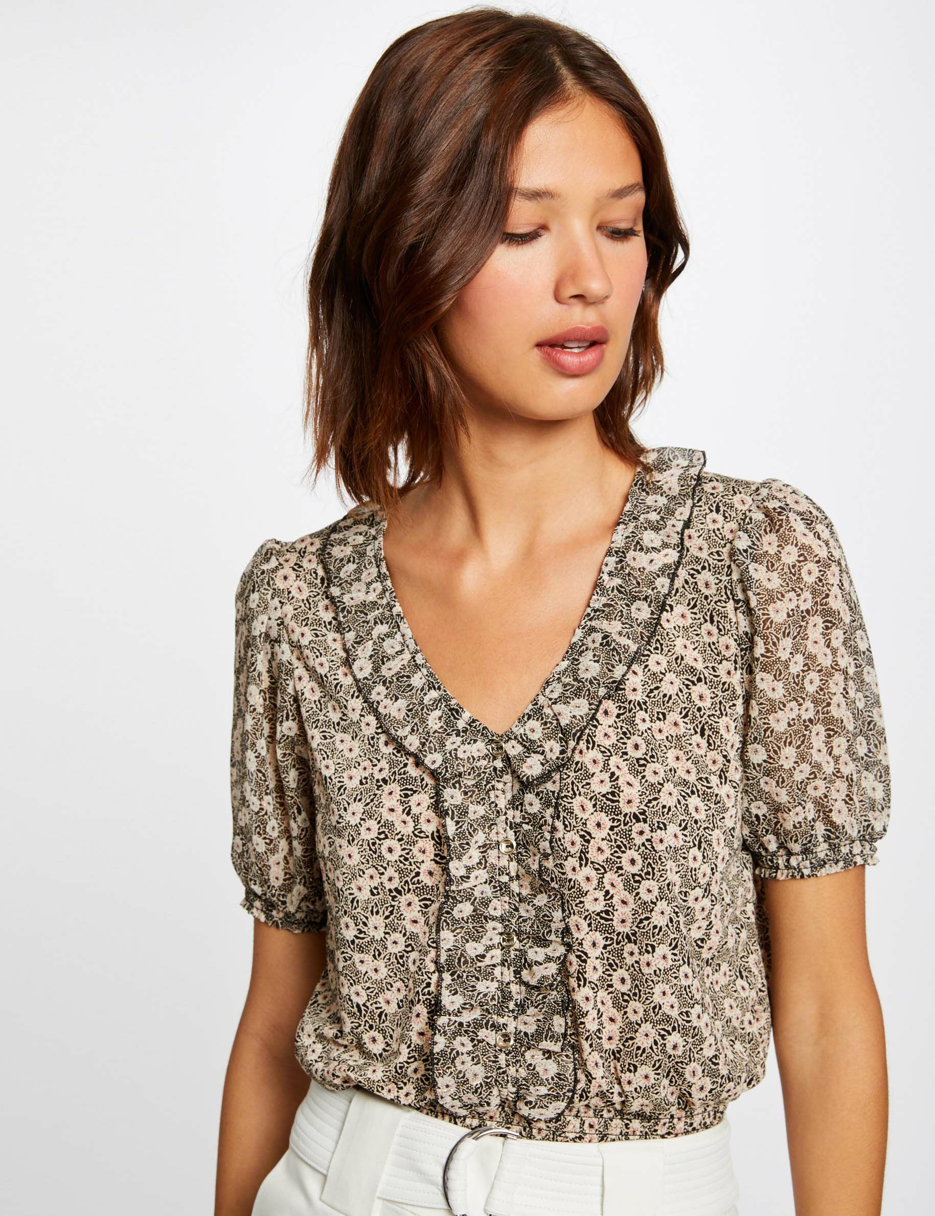T-shirt manches courtes imprimé végétal noir femme - noir