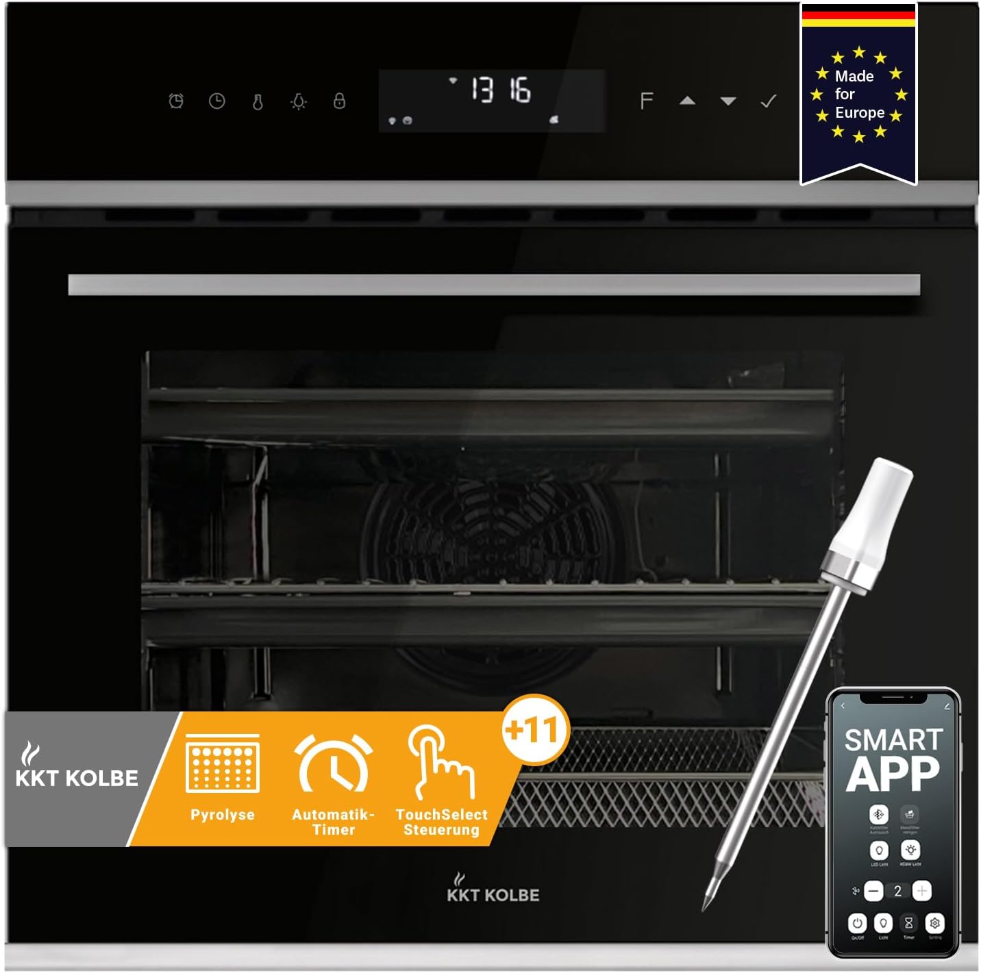 KKT KOLBE Backofen mit Bratenthermometer | 70L | 60cm | 2,8kW | Pizzafunktion | Grill | Umluft | Heißluft | Pyrolyse | Abschalt-Timer | Wärmeschutzverglasung | Air Fry Gitterrost | EB8319PHC