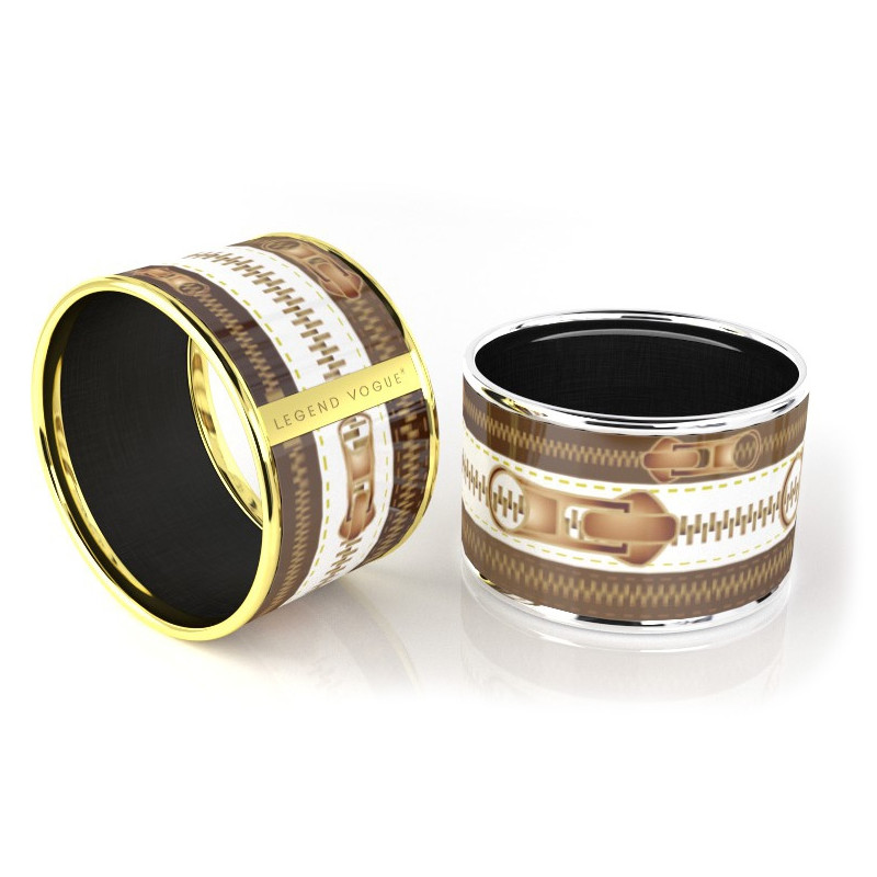 Legend Vogue - Bracelet Bangle Or Jaune Vintage Zip Marron Blanc