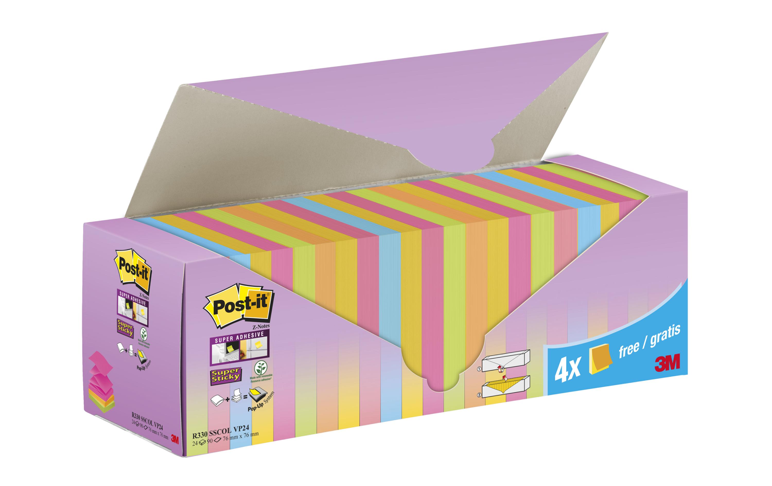Notizzettel Z-Notes Super Sticky Mehrfarbig, 7.6 x 7.6 cmPost it 20 Blöcke + 4 gratis Blöcke in praktischer Box