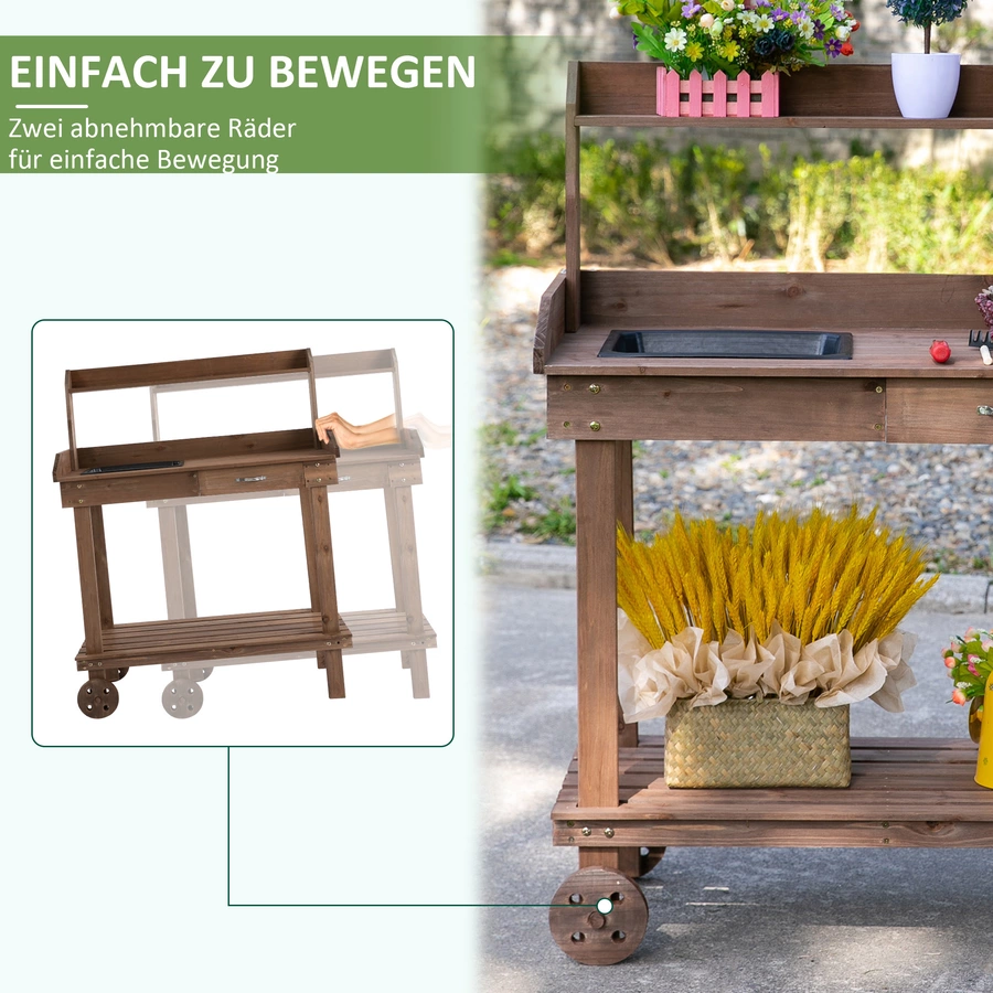Outsunny Gärtnertisch mit Waschbecken und Rollen braun