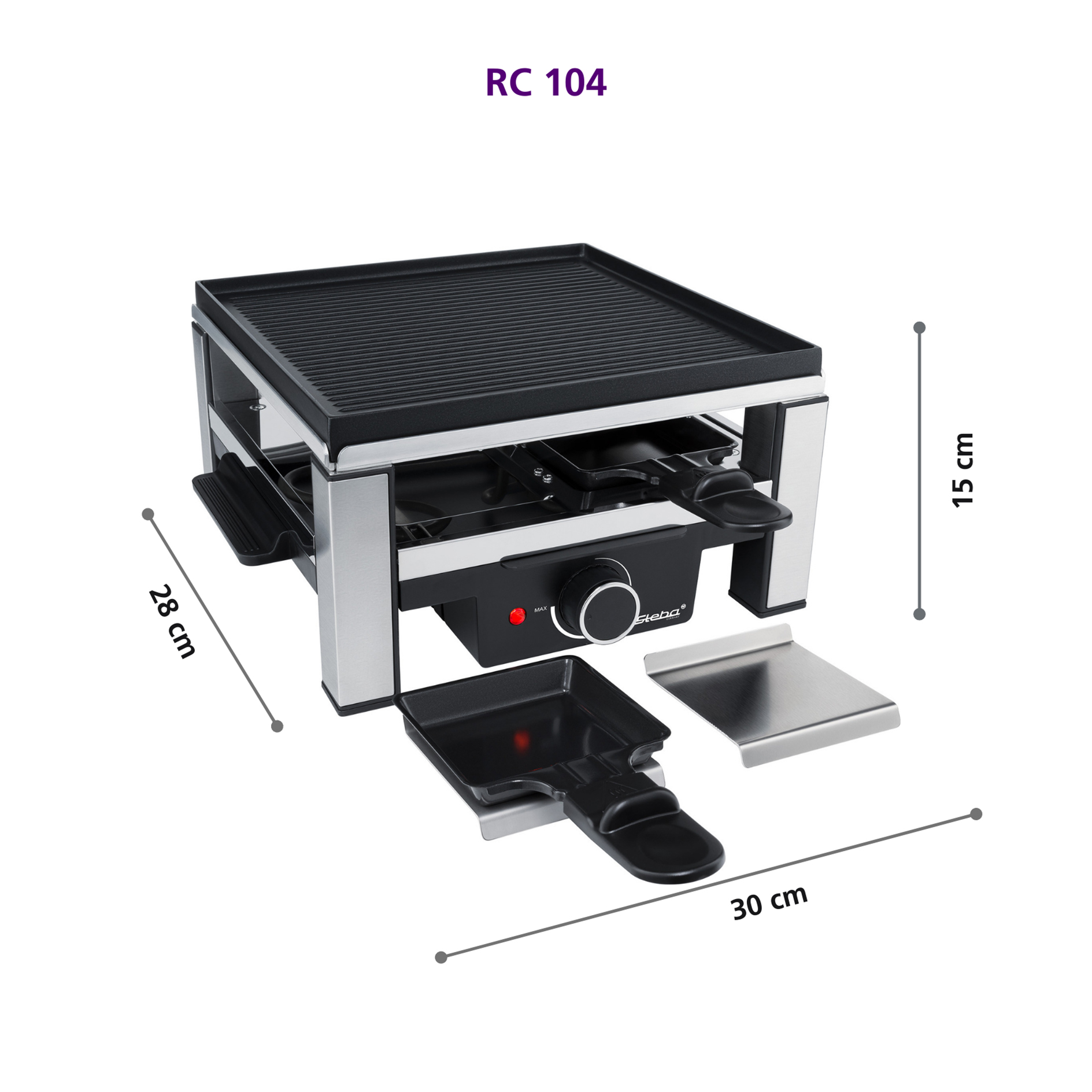 STEBA Guss-Raclette RC 104 - Edelstahl-schwarz - 4 Pfännchen