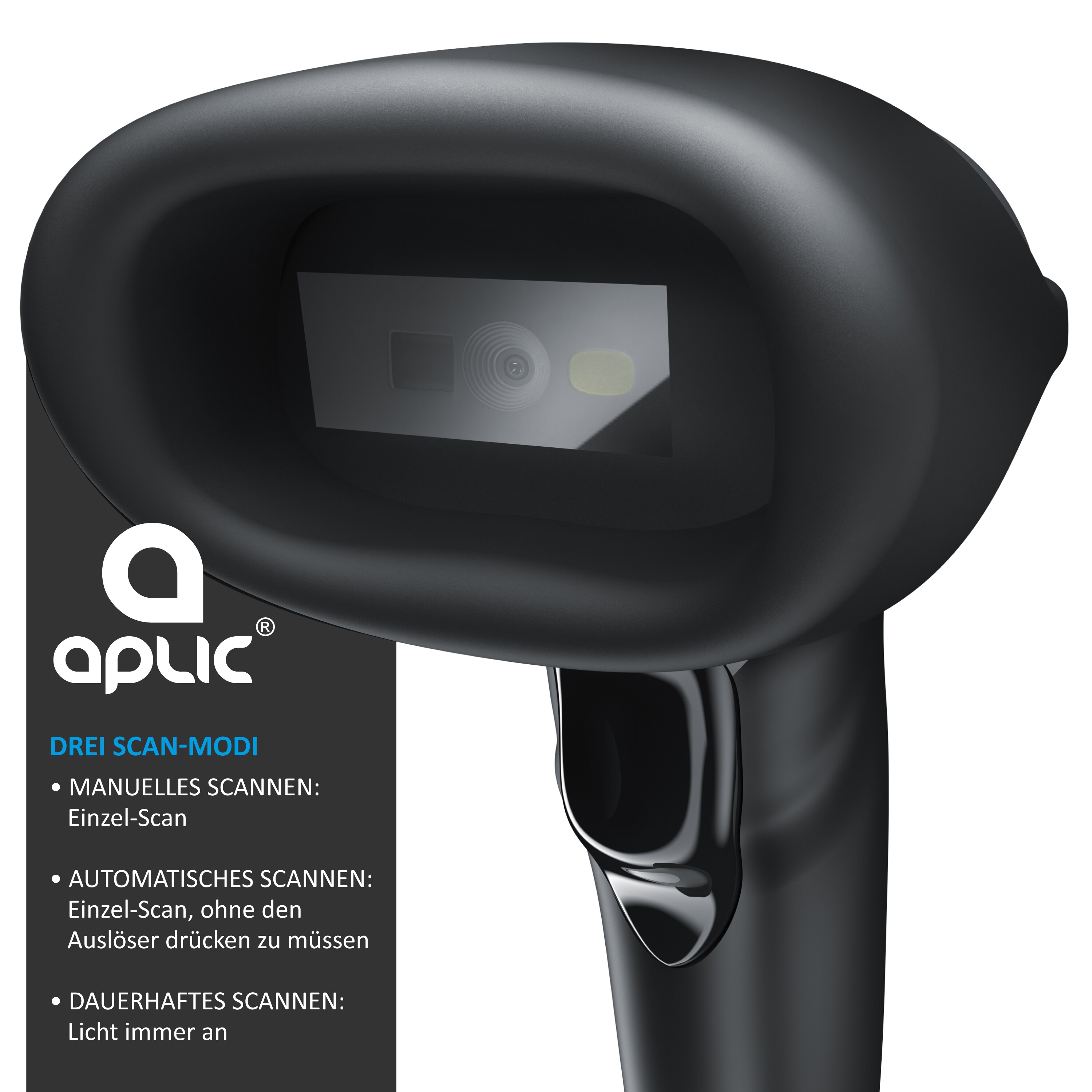 Aplic Handscanner Wireless Barcode Scanner 2.4 GHz 1D 2D, 2000 mAh, inkl. Standfuß