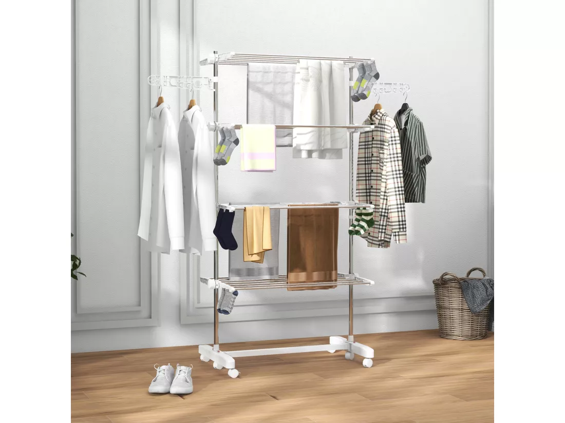 Séchoir à linge étendoir pliable ailes latérales sur 4 niveaux