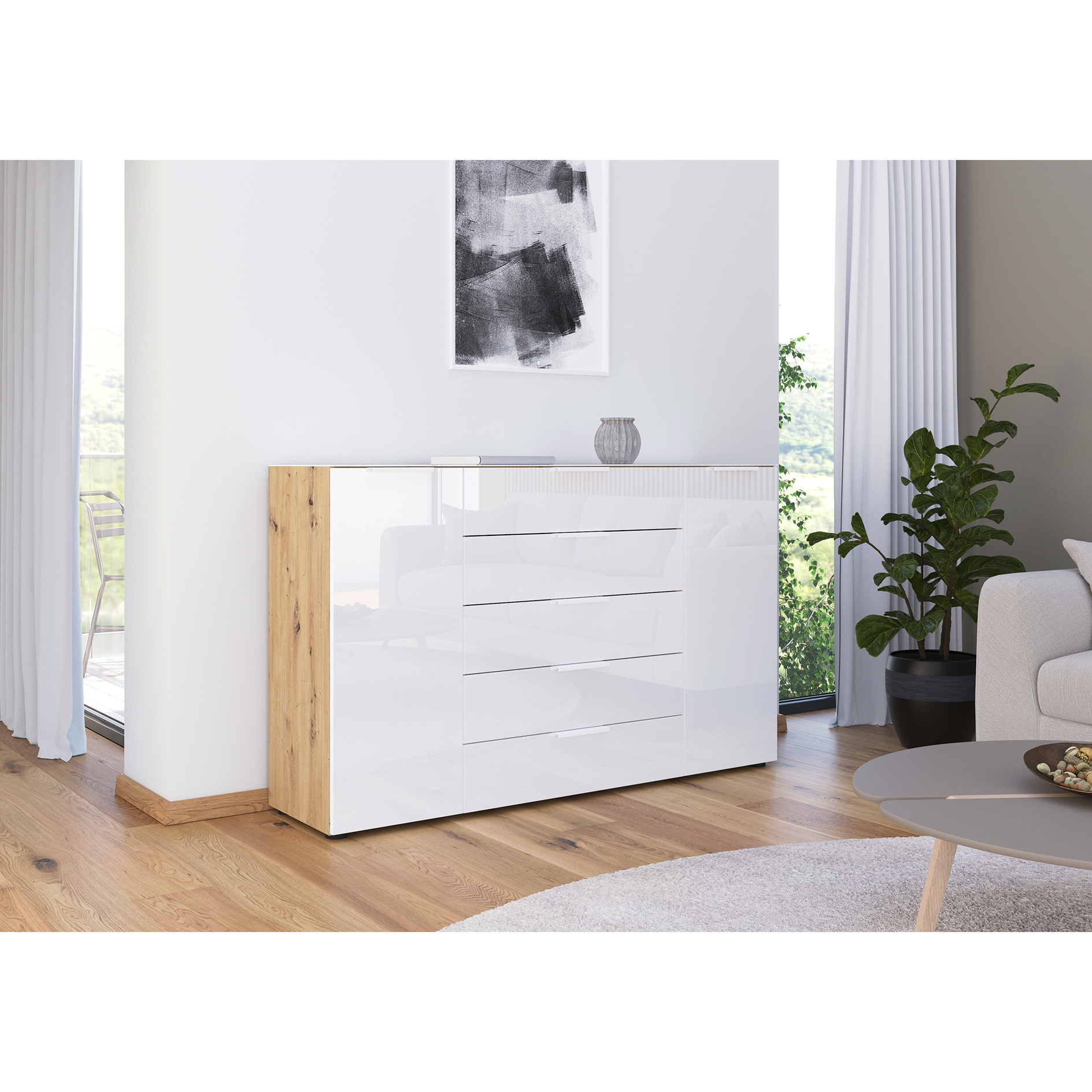 Kommode - Artisan Eiche-Kristallweißglas - weiße Griffe - 160 cm
