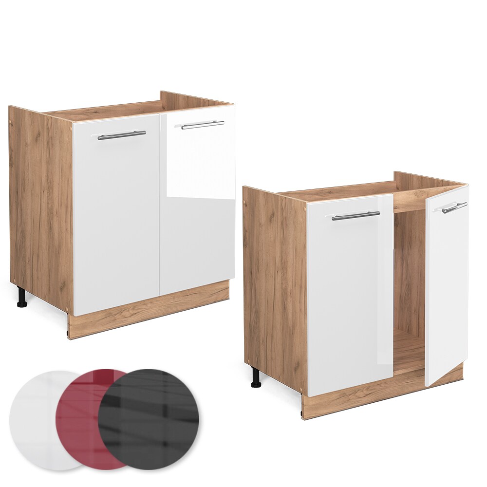 Vicco Spülenunterschrank Küchenschrank Küchenmöbel Fame-Line Eiche Weiß modern 80 cm Küche Einbauküche Drehtür Siphonausschnitt Blende Küchenzeile Hochglanz